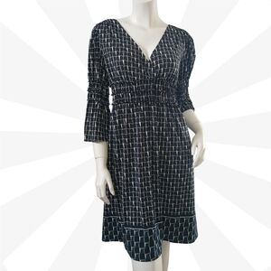 Max Studio Black Smocked Dress Bell Sleeve V Neck Knee Length Fit & Flare Size S